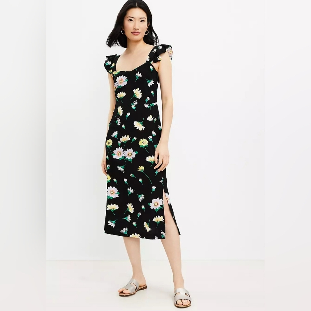 Loft Floral Ruffled Strap Slit Zip Midi Dress - Picture 2 of 8